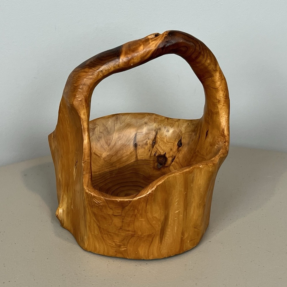 Hand Carved Wood Basket Vase Burl Wood Knobby Rustic 8.25 x 8.25" Farmhouse